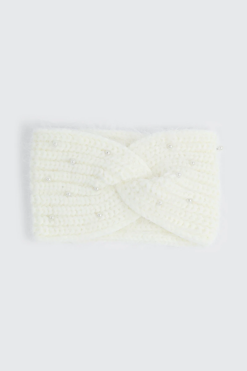 Ardene Pearl Knit Headband in Off-White | Nylon