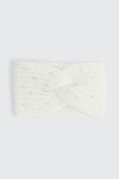 Ardene Pearl Knit Headband in Off-White | Nylon