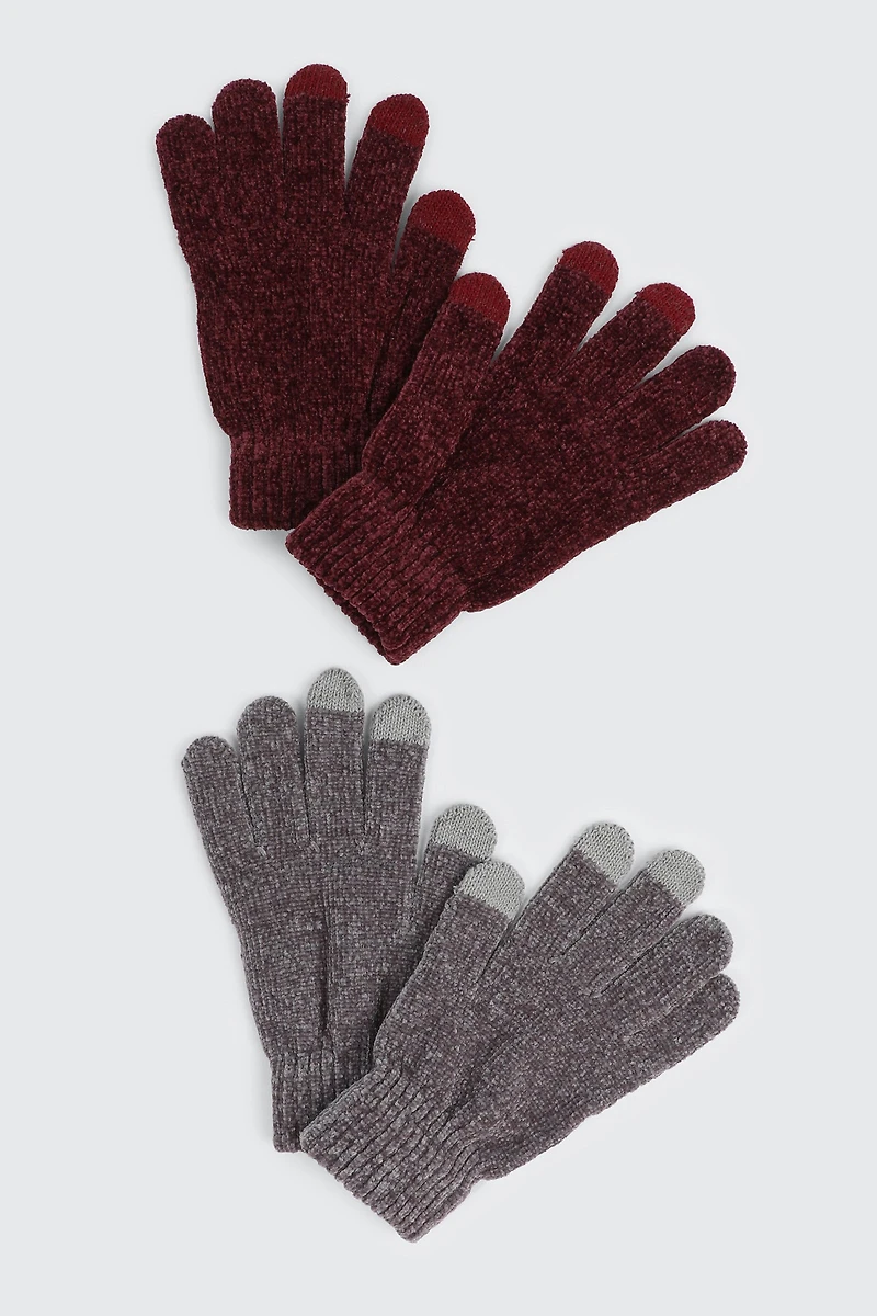 Ardene 2-Pack Chenille Gloves in Burgundy | Polyester