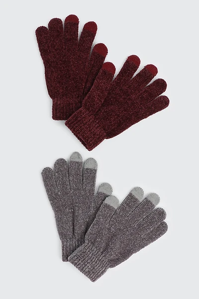 Ardene 2-Pack Chenille Gloves in Burgundy | Polyester