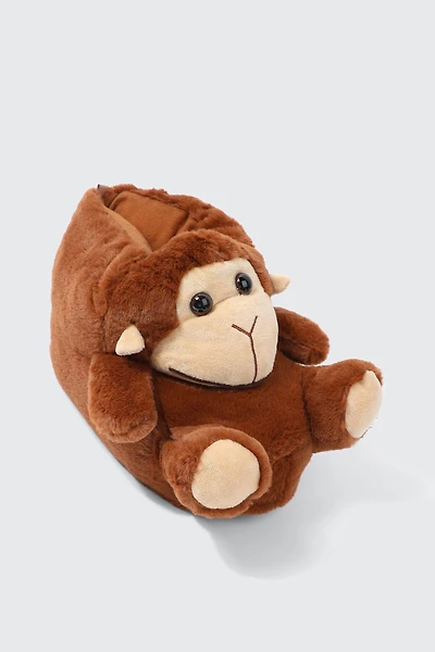 Ardene Plush Monkey Slippers in Brown | Size