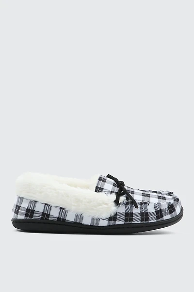 Ardene Plaid Moccasin Slippers in White | Size