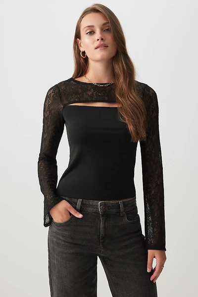 Ardene Cutout Top with Lace Sleeves in Black | Size | Polyester/Nylon/Elastane