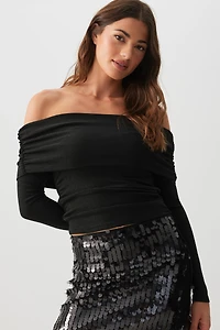 Ardene Lurex Off Shoulder Top in Black | Size | Polyester/Elastane