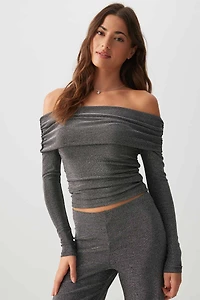 Ardene Lurex Off Shoulder Top in Dark Grey | Size | Polyester/Elastane