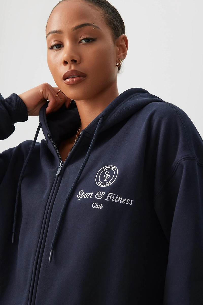 Ardene Oversized Zip Up Hoodie with Embroidery in Dark Blue | Size | Polyester/Cotton | Fleece-Lined