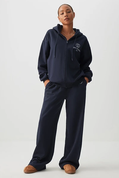 Ardene Embroidered Wide Leg Sweatpants in Dark | Size | Polyester/Cotton | Fleece-Lined