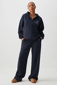 Ardene Embroidered Wide Leg Sweatpants in Dark | Size | Polyester/Cotton | Fleece-Lined