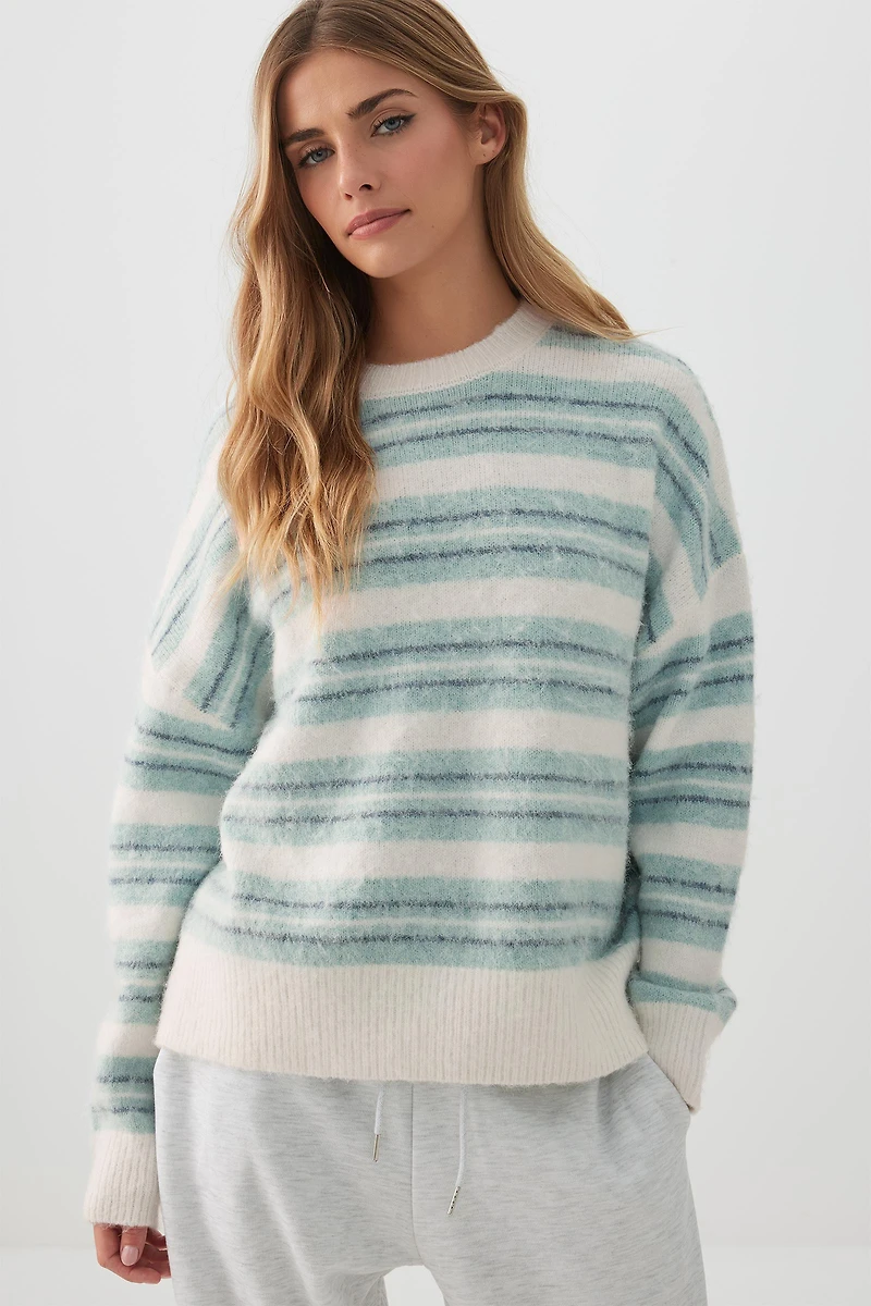 Ardene Striped Fuzzy Knit Sweater in Light Blue | Size Small | Polyester/Spandex