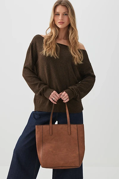Ardene Minimalist Faux Leather Tote Bag in Cognac | Faux Leather/Polyester