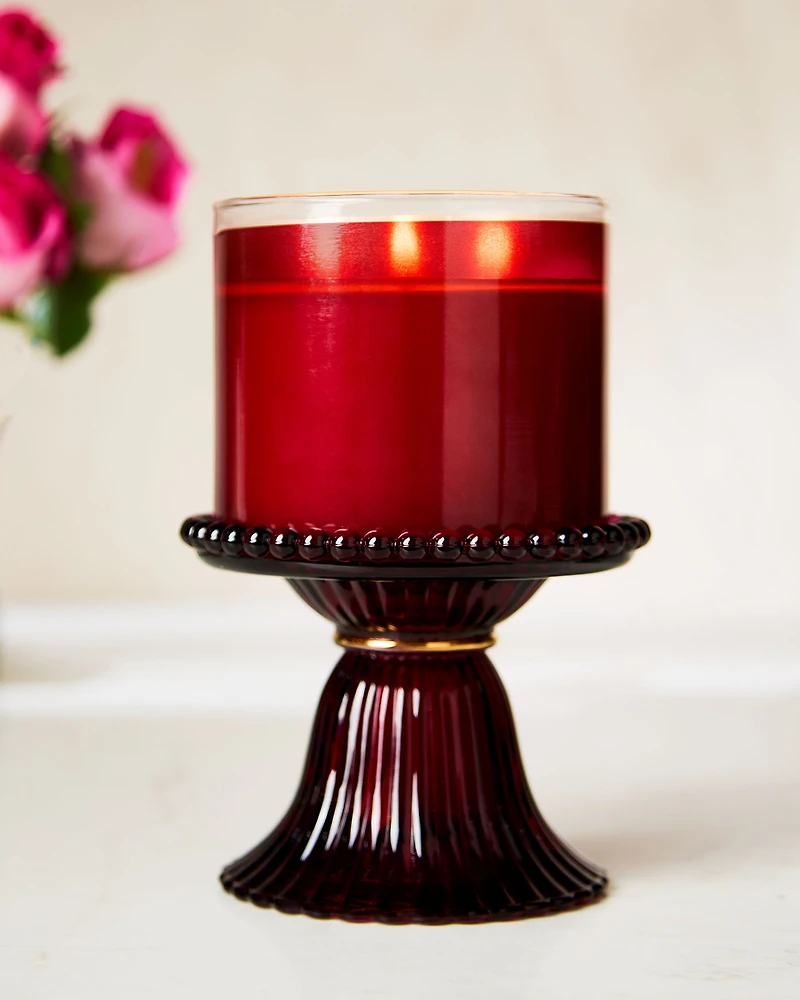 Maroon Glass Pedestal 3-Wick Candle Holder