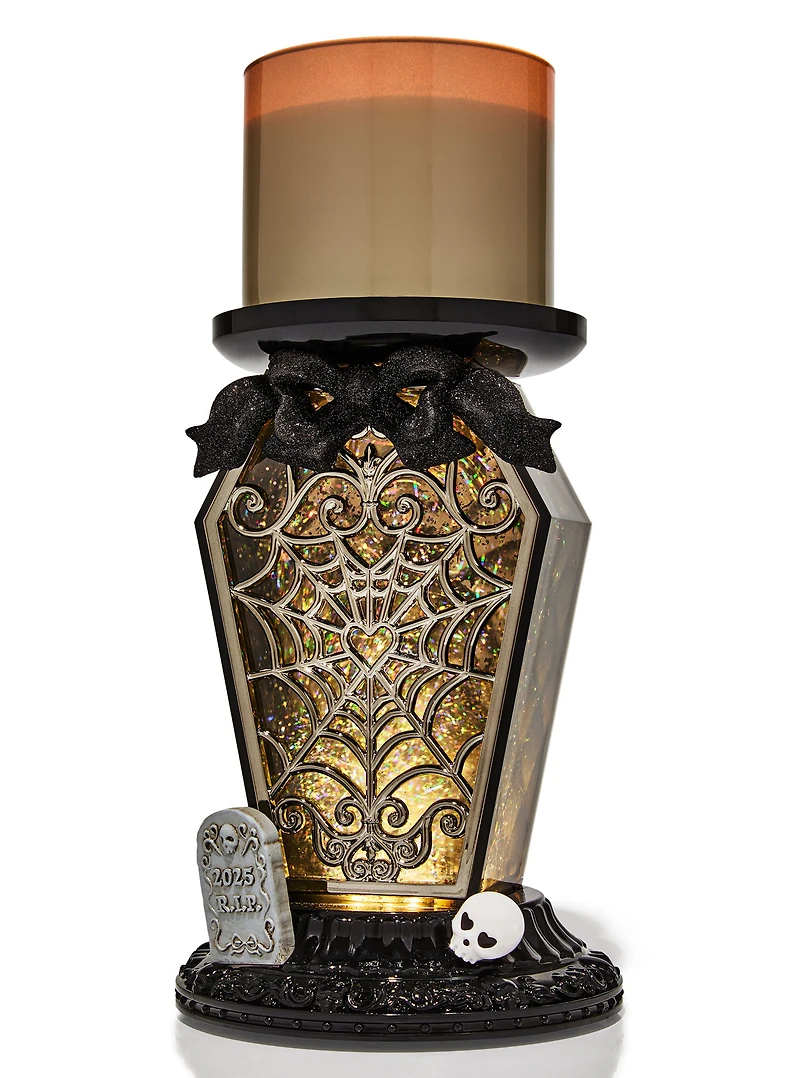 Light-Up Coffin Waterglobe 3-Wick Candle Holder
