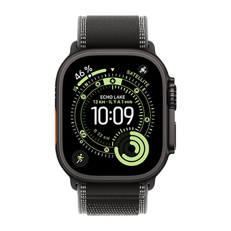 Apple Watch Ultra 3 - boîtier en Noir Titane de 49mm - bracelet Noir Sentier à rabat (M/L)