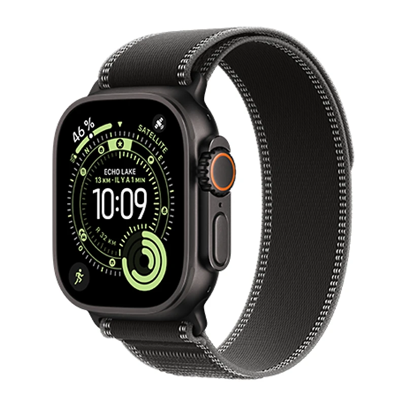 Apple Watch Ultra 3 - boîtier en Noir Titane de 49mm - bracelet Noir Sentier à rabat (M/L)