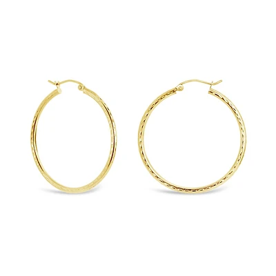 10K Yellow Gold 2x30mm Diamond Cut Hoop Earrings