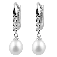 Sterling Silver 7-8mm White Freshwater Pearls and Cubic Zirconia Earrings