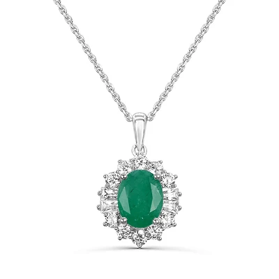 Sterling Silver Emerald & White Zircon Halo 19" Pendant