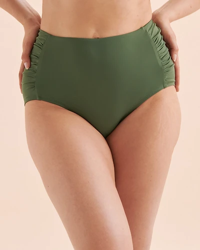 Solid Shirred Side High Waist Bikini Bottom