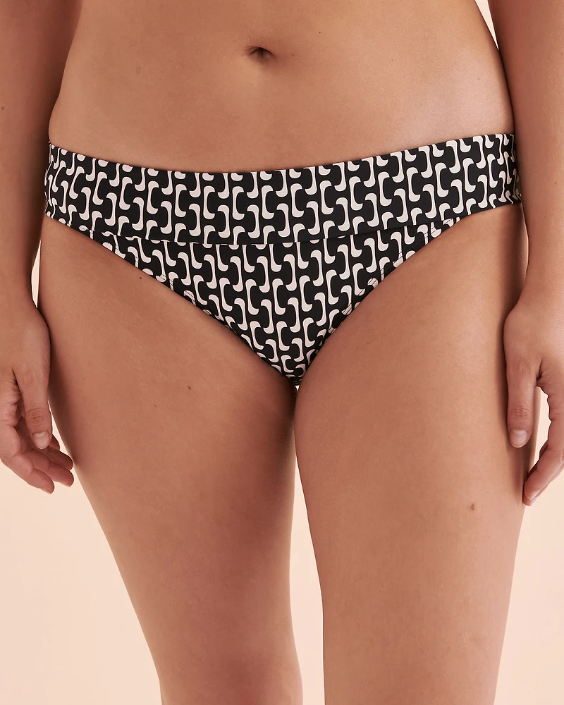 Black Geometric Foldover Waistband Bikini Bottom