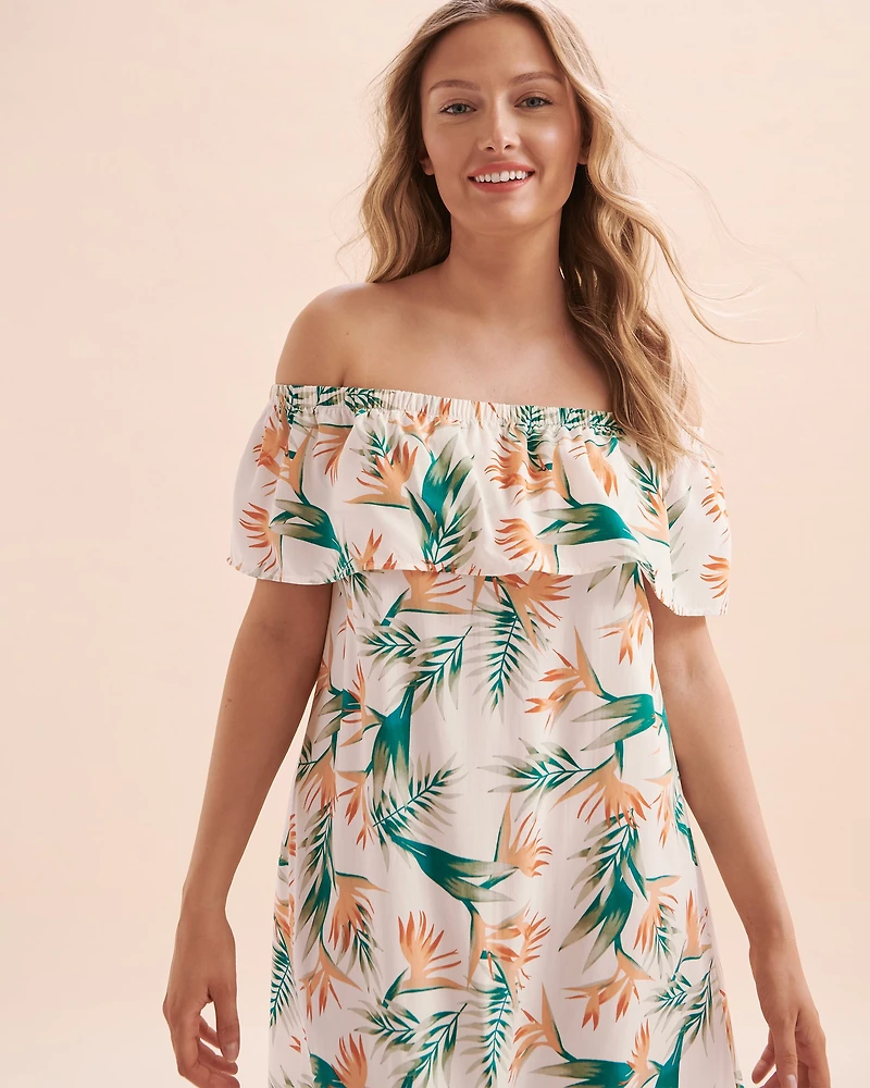 Robe courte tropicale à épaules dénudées
