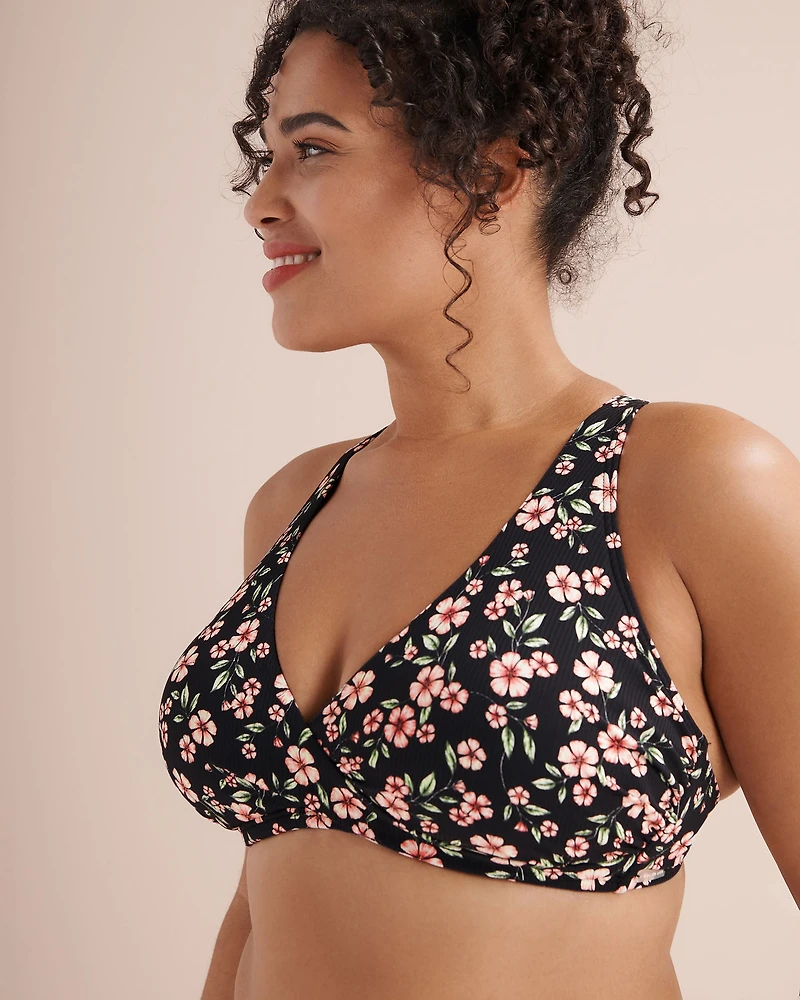 Floral Ribbed Crossover D Cup Bralette Bikini Top