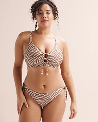Bas de bikini taille basse côtelé à nouer zébré floral
