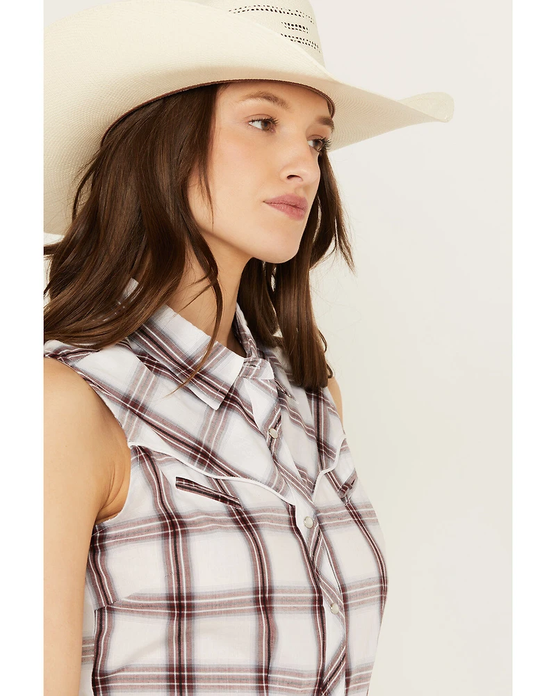 Ely Walker Women's Sleeveless Plaid Print Western Pearl Snap Shirt