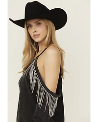 Blue B Women's Rhinestone Fringe Cold Shoulder Sweatshirt