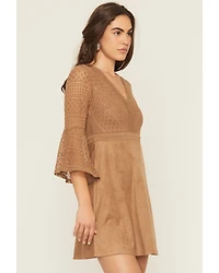 Shyanne Women's Faux Suede Lace Bell Sleeve Mini Dress