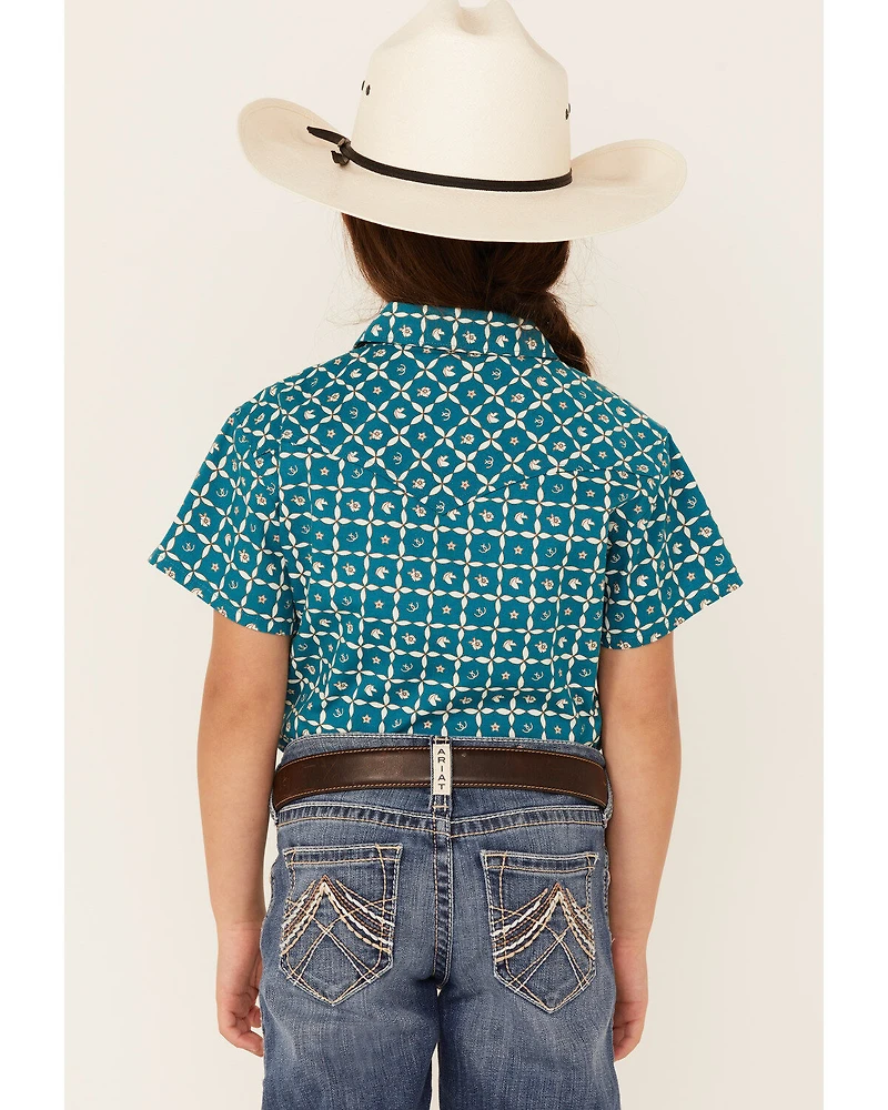 RANK 45® Girls' Floral Horse Print Short Sleeve Pearl Snap Rodeo Shirt