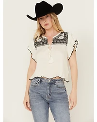 Free People Women's Ribbed Short Sleeve Embroidered Shirt