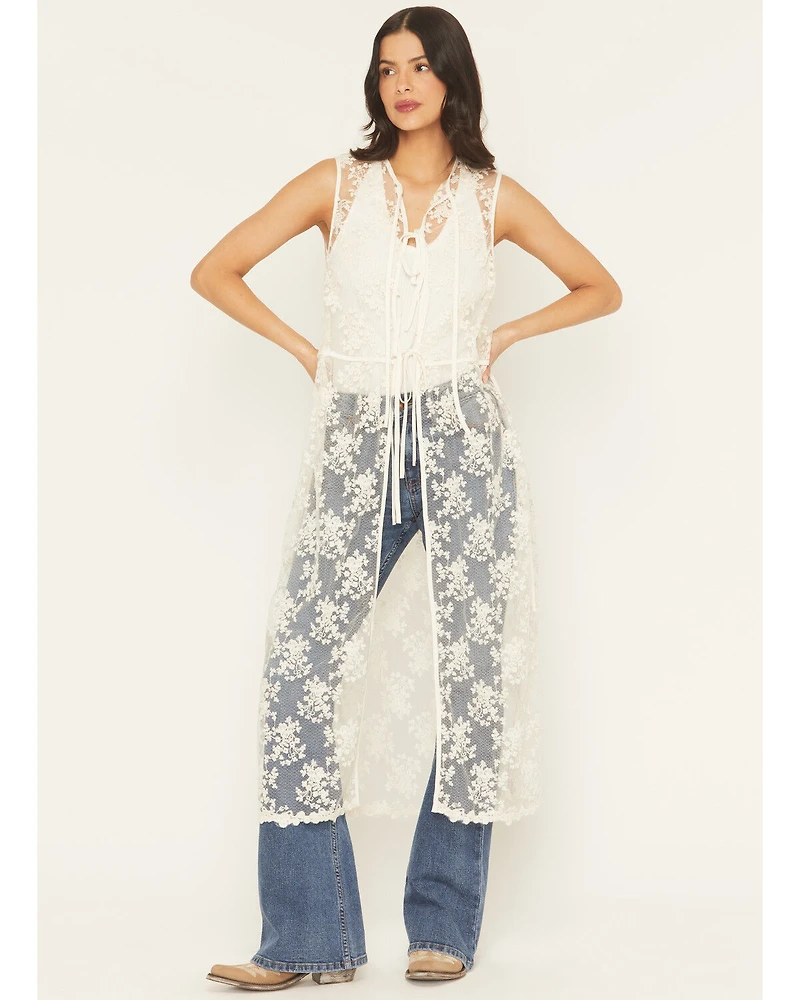 Listicle Women's Sleeveless Floral Lace Tie Front Kimono