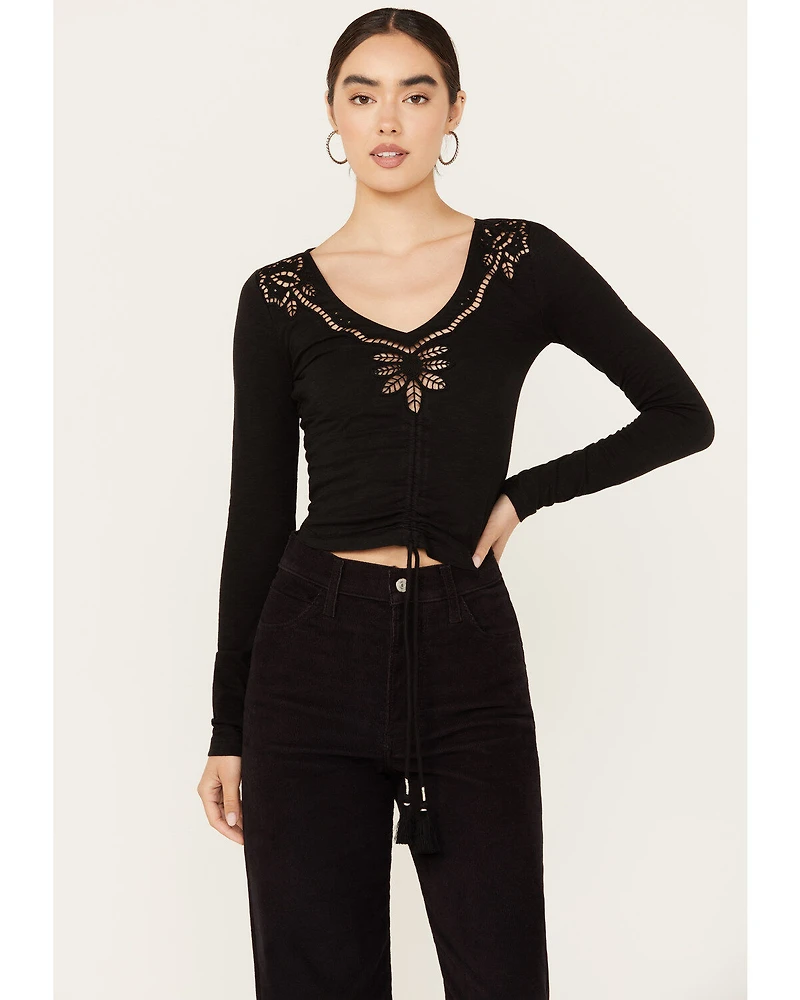 Shyanne Women's Long Sleeve Cutwork Front Tie Top