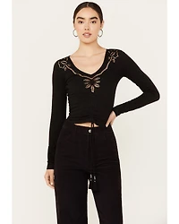 Shyanne Women's Long Sleeve Cutwork Front Tie Top