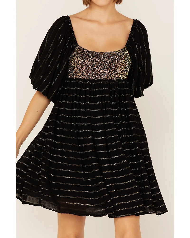 By Together Women's Sequin & Lurex Striped Babydoll Mini Dress