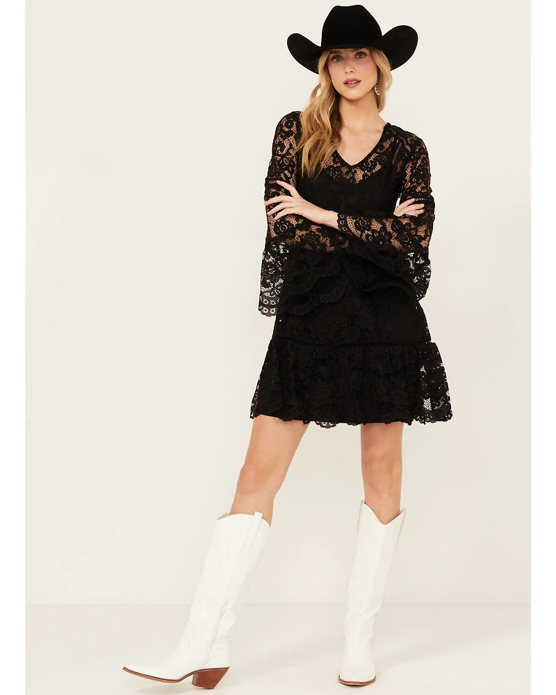 Scully Women's Lace Crochet Long Bell Sleeve Mini Dress
