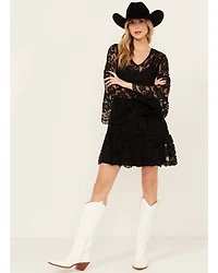 Scully Women's Lace Crochet Long Bell Sleeve Mini Dress