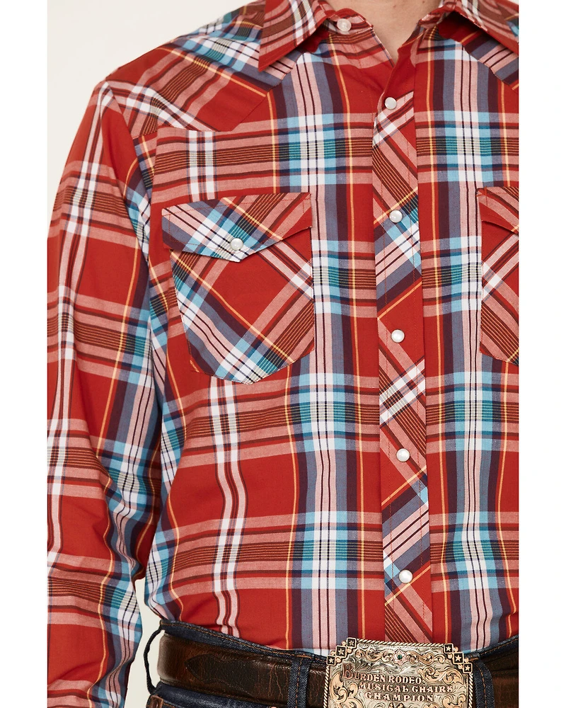 Roper Men's Warm Red Large Plaid Long Sleeve Pearl Snap Western Shirt