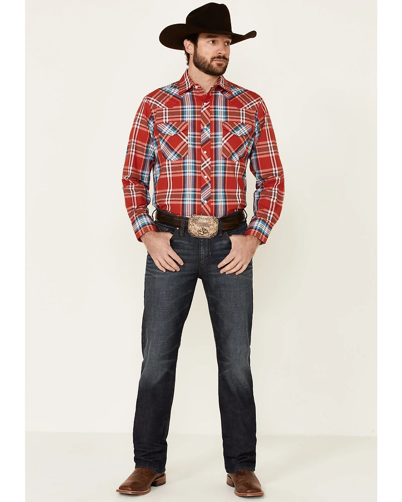 Roper Men's Warm Red Large Plaid Long Sleeve Pearl Snap Western Shirt