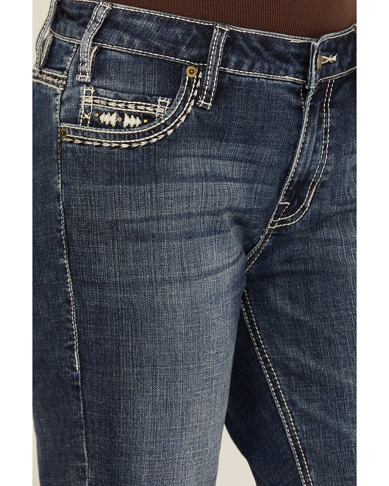Rock & Roll Denim Women's Medium Wash Mid Rise Steer Head Bootcut Stretch Jeans