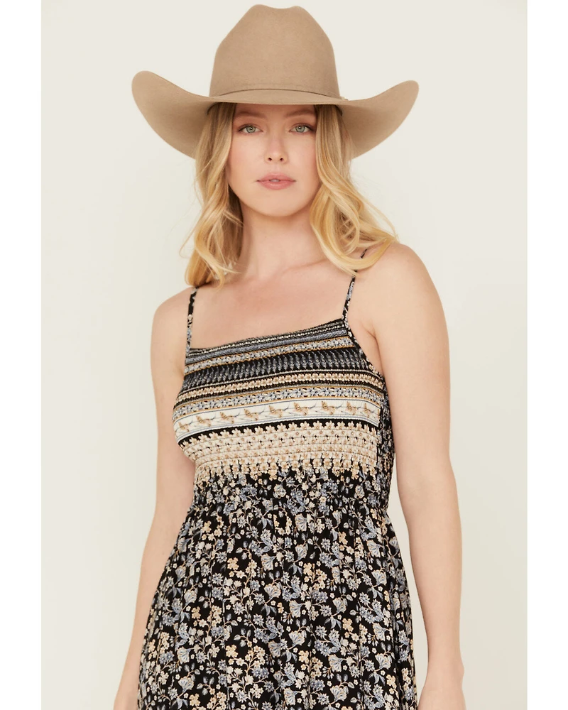 Wild Moss Women's Border Print Smocked Front Midi Dress
