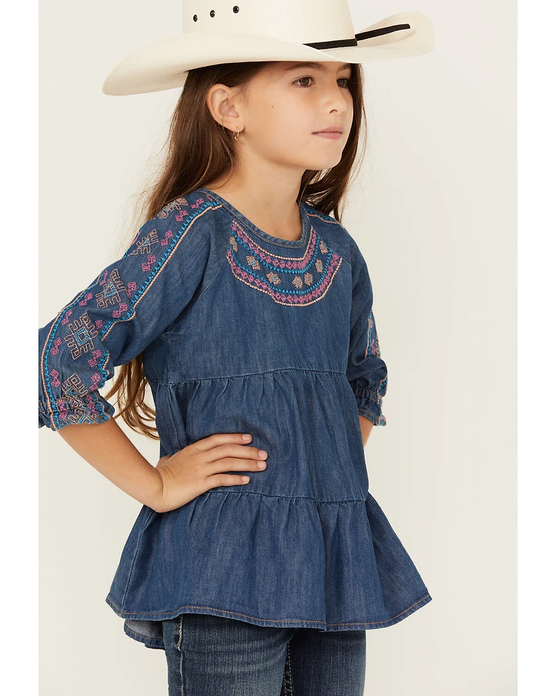 Wrangler Girls' Dark Wash Denim Embroidered Tunic Shirt