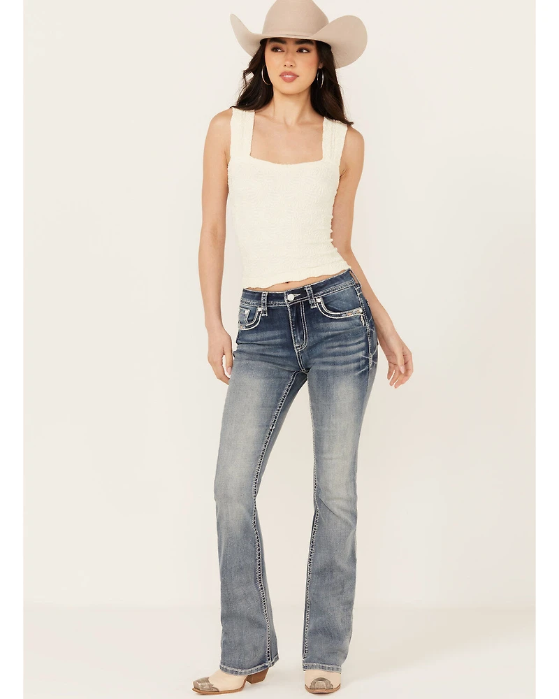 Grace LA Women's Medium Wash Dreamcatcher Sequin Bootcut Stretch Denim Jeans