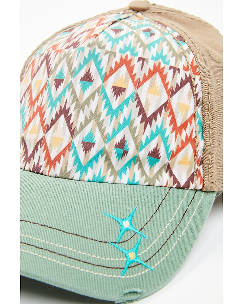 Catchfly Women's Southwestern Print Embroidered Distressed Ponytail Ball Cap