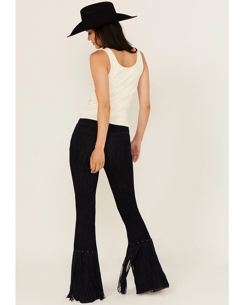 Idyllwind Women's Outlaw High Rise Studded Fringe Super Stretch Flare Jeans