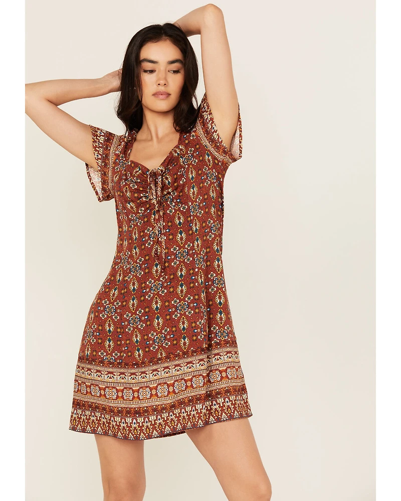 Idyllwind Women's Saxony Tapestry Print Short Sleeve Mini Dress