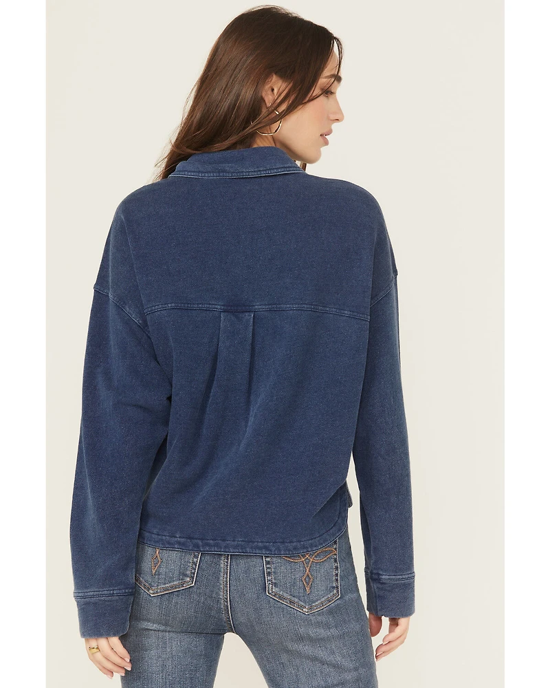 White Crow Women's Denim Knit Long Sleeve Button-Down Cropped Shacket