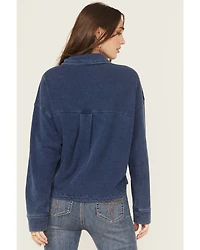 White Crow Women's Denim Knit Long Sleeve Button-Down Cropped Shacket