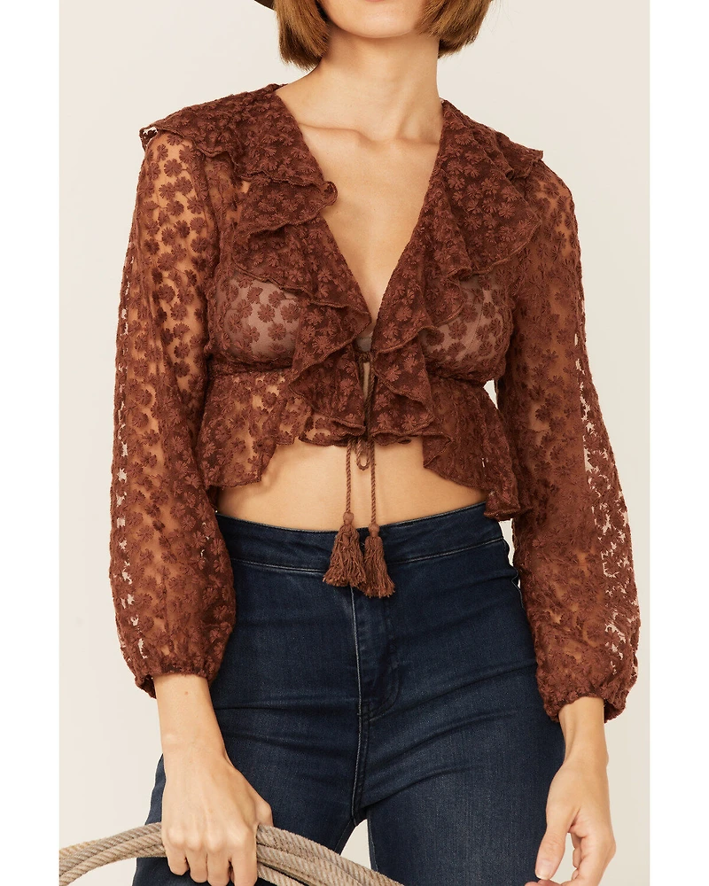 Saints & Hearts Women's Tie Front Lace Ruffle Crop Top