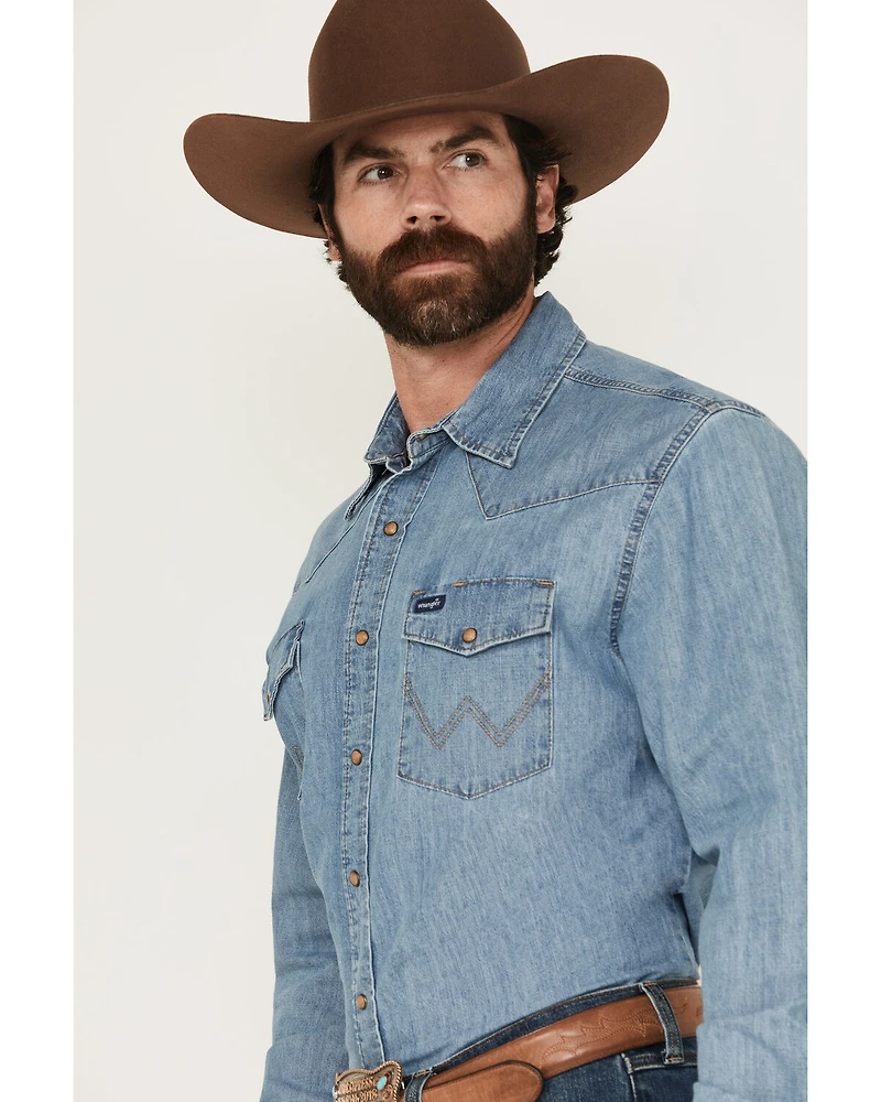 Wrangler Men's Light Wash Denim Long Sleeve Snap Western Shirt - Tall